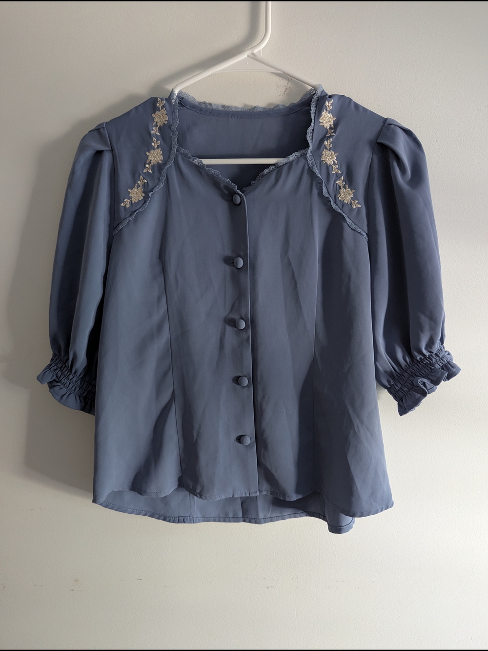 An Another Angelus Dusty Blue Button-Front Blouse with Lace Trim